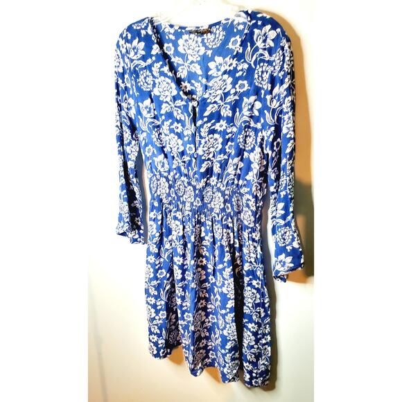 J.Dee Garden Floral Boho Blue and White Flowy Mini Dress Size M Wedding Guest - Picture 2 of 5